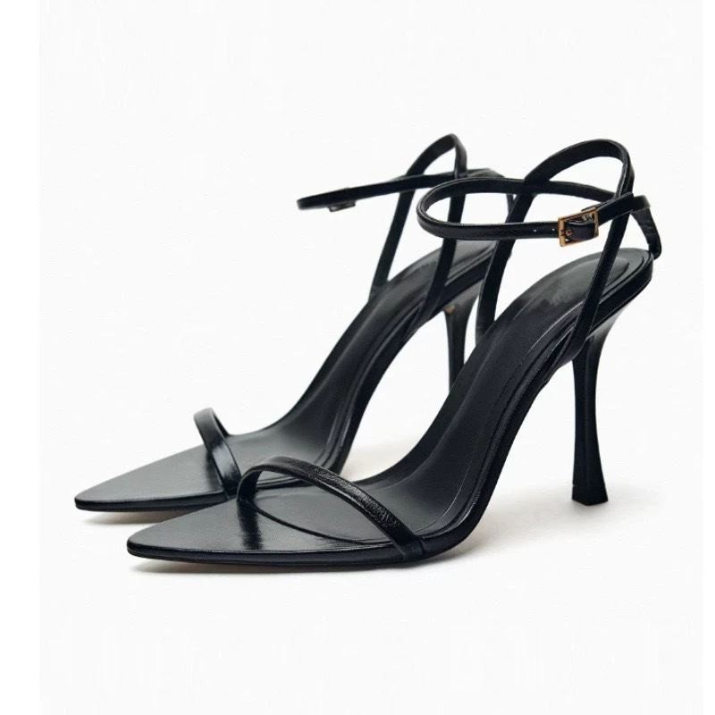 Zara Mùa Hè Sản Phẩm Mới Giày Nữ Màu Đen Gợi Cảm Dây Đeo Một Chữ Giày Sandal Mũi Nhọn Nữ Tất Cả Trận Đấu Cao