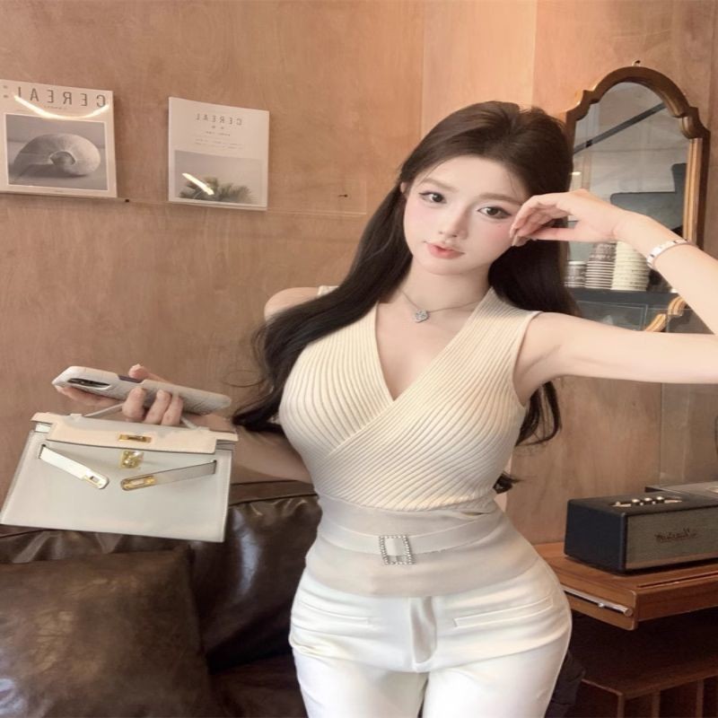 Tube Top Cami Màu Apricot Chữ V, Dệt Kim Nhỏ, Phù Hợp Mùa Hè Slender Fit