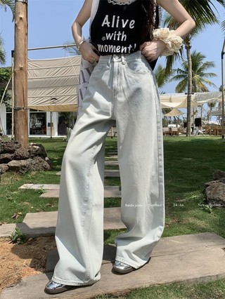 Retro Màu Sáng Rửa Màu Xanh Đau Khổ Quần Jean Ống Rộng Nữ Mùa Hè Cao Cấp Phù Hợp Với Thẳng