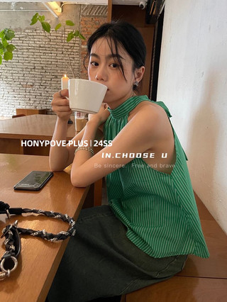 Honypove Phiên bản Hàn Quốc mùa hè Dây buộc ren không tay quây sọc Áo yếm nữ