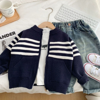 [Khuyến mãi] Áo len bé trai Cardigan cổ tròn sọc thời trang Len đẹp trai Màu sắc tương phản hàng đầu dệt kim