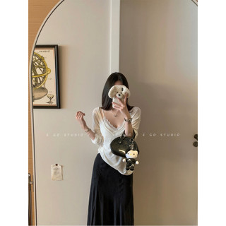 Whbyzwhcb Áo thun dài tay cổ chữ V lớn trong suốt dành cho nữ nhẹ nhàng Pure Desire Tính khí hàng đầu