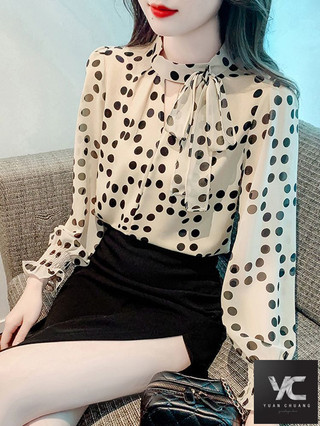  Xuân Thu Phong Cách Mới Nơ Chấm Bi Áo Sơ Mi Voan Dài Tay Nữ Pháp Đẹp Áo Sơ Mi Nhỏ