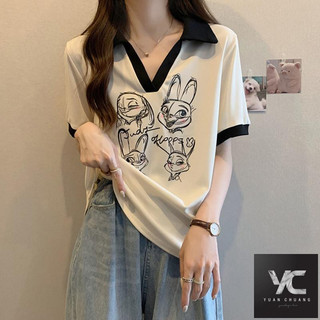  Mùa hè Phong cách mới Kích thước lớn Áo thun ngắn tay vai chính hãng dành cho nữ phong cách Pháp Vỏ bụng thon gọn hơn Cổ áo POLO in hình