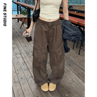 American Retro Loose Straight Multi-Pocket Quần yếm nữ Niche Thiết kế đường phố Quần ống rộng