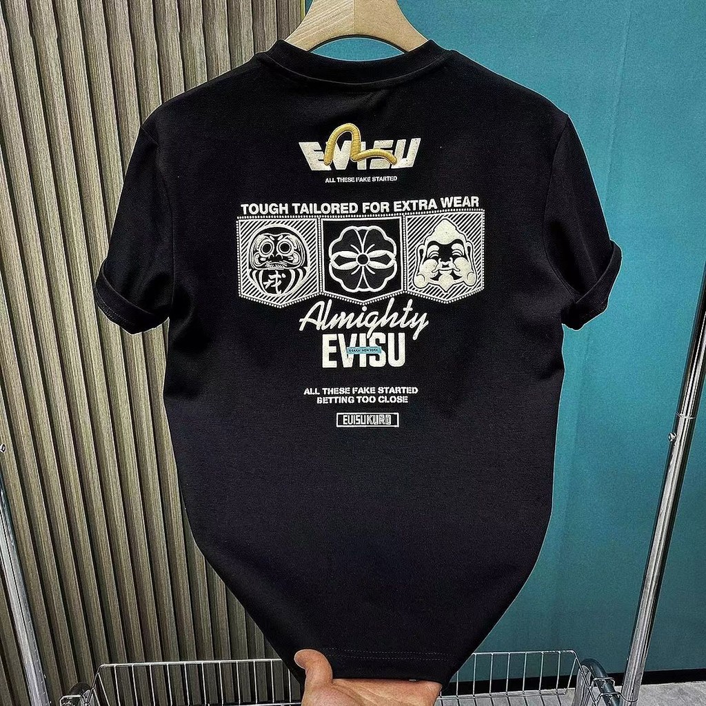 Evisu Cotton Nguyên Chất Rời Kích Thước Lớn Vai Phải Mỹ Retro Áo Thun Tay Ngắn Dành Cho Nam Nữ Cặp Đôi Rời Ca