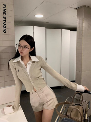 Giả Hai Mảnh Ve Áo polo Cổ Dài Tay Dệt Kim Cardigan Nữ Xuân Thu Slim-Fit Áo Len Bên Trong Bo