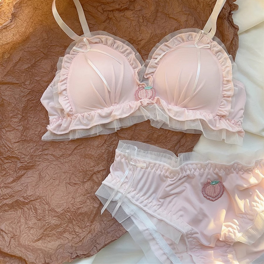 Áo Ngực Ngọt Ngào Nhật Bản Cô Gái Không Viền Thép Quần Lót Thêu Nữ Dễ Thương Sinh Viên Áo Ngực Mỏng Màu Hồng Bộ