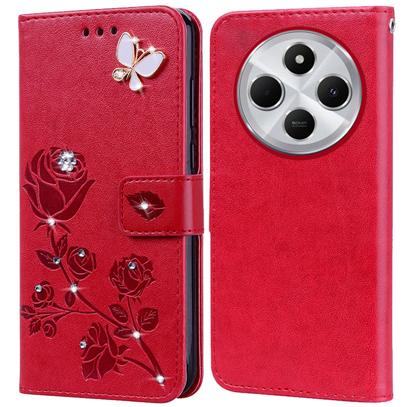 Kim Cương Dập Nổi In Hoa Hồng Ốp Lưng Điện Thoại Xiaomi Redmi 14C 4G Sách Da Full Silicone Cover