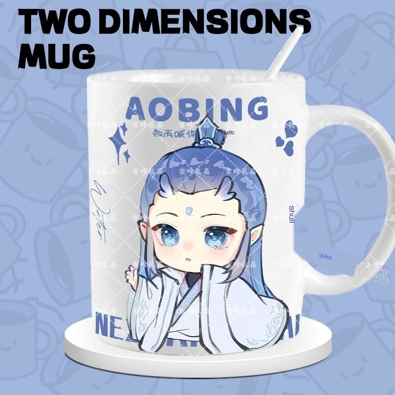 Ly Mug Emoji Nezha Ao Bing Anime Hai Chiều Q Ly sứ dễ thương, ly sữa cà phê nước, kèm thìa