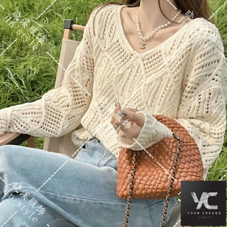  Xuân Thu Phong cách mới Thiết kế phiên bản Hàn Quốc Áo thun dáng rộng mỏng hơn Nhìn rỗng Áo dệt kim phù hợp cho mọi trận đấu Áo bán chạy