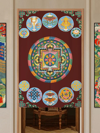 Rèm cửa vải phong cách dân tộc Tây Tạng, rèm vách ngăn dày, tám đồ trang trí tốt lành, nửa rèm, rèm che hành lang Phật giáo rèm treo vải