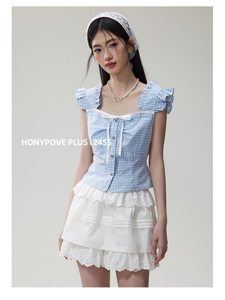 honypove Áo sơ mi không tay kẻ sọc màu xanh ngọt ngào kiểu Pháp mùa hè Slim-fit Slimmer Look Top