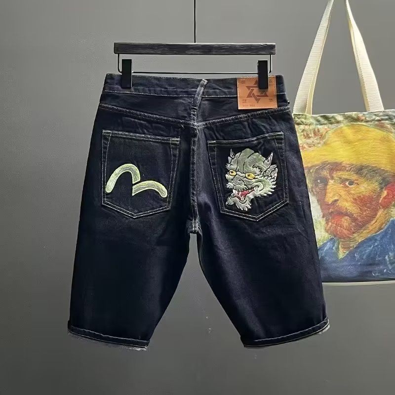 Evisu Thương Hiệu Hợp Thời Trang Lucky Little M Denim Quần Short Edison Chen Thêu Thẳng Rời Ins Quần Năm Điểm Hợp Thời Trang Mùa Hè