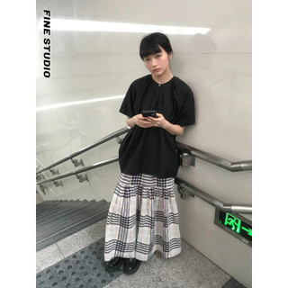 Bộ Đồ Thời Trang Váy Nữ Mùa Hè Phiên Bản Hàn Quốc Retro Cổ Tròn Đen Áo Sơ Mi Tay Ngắn Phù Hợp Với Váy Sọc