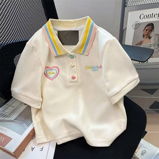 [Thời trang] Bé gái Phong cách mới Phiên bản Hàn Quốc Sweet Love Tay ngắn cổ polo phù hợp