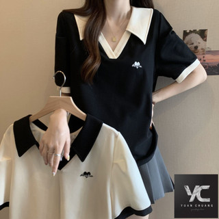  Mùa hè Phong cách mới Plus Size Quần áo nữ Vỏ bụng thon gọn hơn Cổ áo Polo Màu tương phản Áo thun ngắn tay giảm tuổi