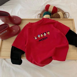 [Khuyến mãi] Bé Trai Bé Gái Cotton Nguyên Chất Phong Cách Mới Phù Hợp Với Phong Cách Phương Tây Đỏ Giả Hai Mảnh Áo Thun Dài Tay Trẻ Em Bé Wester