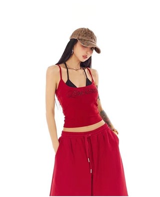 Đen Đỏ Xám Giả Hai Mảnh Dây Camisole Có Miếng Lót Ngực Nữ Xuân Hè Ngoài Top