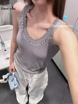 Pháp Cao Cấp Cảm Giác Kim Cương Không Tay Dệt Kim Áo Vest Nữ Mùa Hè Slim-fit Ôm Hơn Nhìn Nóng Cô Gái Gợi Cảm Bên Ngoài Top