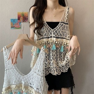 Lan ~ mùa hè Ngọt Ngào Móc Rỗng Dệt Kim Áo Khoác Ngoài Thiết Kế Nữ Niche Không Tay Sang Trọng Áo Vest Top