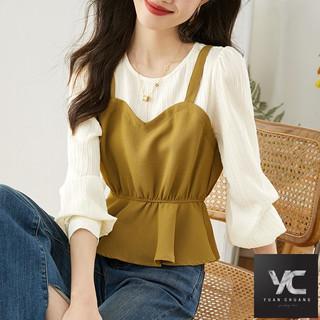  Xuân Thu Phong Cách Mới Pháp Cao Cấp Cảm Giác Tính Khí Áo Sơ Mi Giả Hai Mảnh Thiết Kế Nữ Cổ Tròn Tay Dài