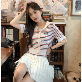 Sọc Preppy Phong Cách Áo Thun Nữ Tay Ngắn Dệt Kim Mùa Hè 2024 Phong Cách Mới Áo Ngắn