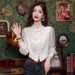  Xuân Thu Phong Cách Mới Khóa Cổ Đứng Tính Khí Áo Sơ Mi Nữ Thiết Kế Cảm Giác Mới Trung Quốc Áo Ngắn