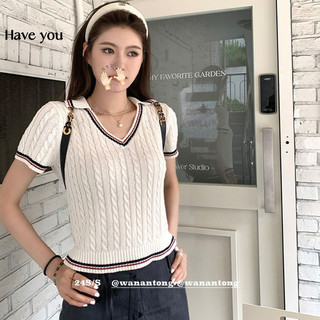 Mỹ Retro Màu Sắc Tương Phản Cổ Chữ V Xoắn Áo Len Ngắn Tay Nữ Mùa Hè Mỏng Rời Áo Chui Đầu Phong Cách Preppy Hàng Đầu Hợp Thời Trang