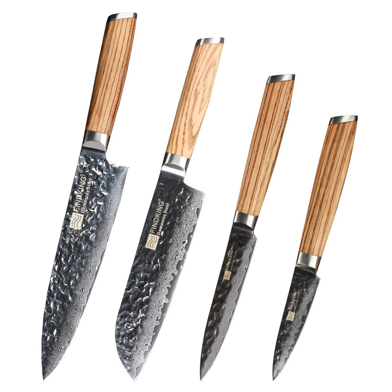 FINDKING Zebra Xử Lý Gỗ Damascus Knife Set 4 X 8 Đầu Bếp 7 X Santoku 5 Tiện Ích 3 Inch Dao Trái Cây 