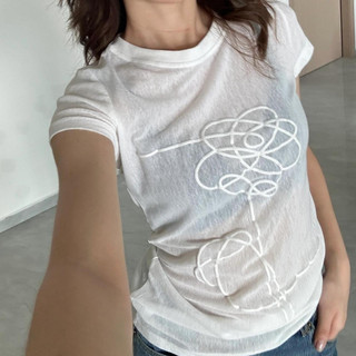 Jamaisvu Nóng Bọt Hoa Hồng In Vai Chính Hãng Cổ Tròn Tay Ngắn Nữ Mùa Hè Hơi Trong Suốt Đơn Giản Slim-Fit Mỏng Hơn Nhìn Top Nữ