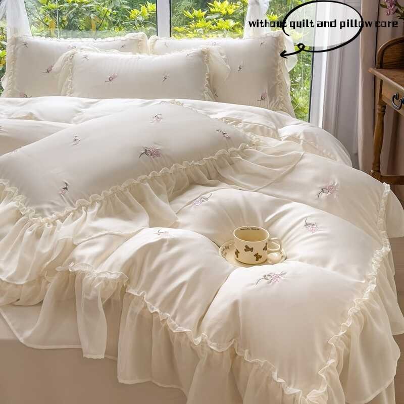 Rose 3Pcs Elegant Embroidery Bedding Set Lace Duvet Set (1*Duvet Cover + 2*Pillowcase, Without C