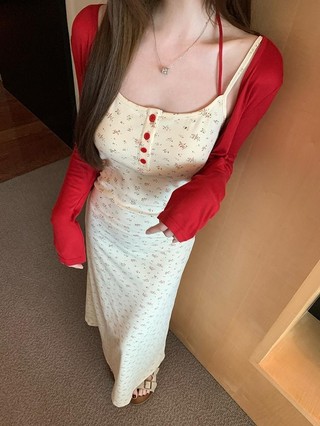 Manta Narcissus Phong Cách Hàn Quốc Hot Girl Rend-Up Hoa Sling Váy Dài Lười Phong Cách Ngày Lễ Váy Phù Hợp Với Áo Cardigan Màu Đỏ Phù Hợp Với