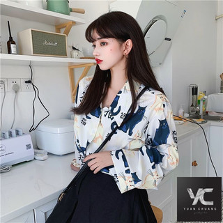  Mùa xuân Thu Phong cách mới Retro Hồng Kông Phong cách dáng rộng vừa phải Thiết kế hàng đầu Áo sơ mi in hình nữ