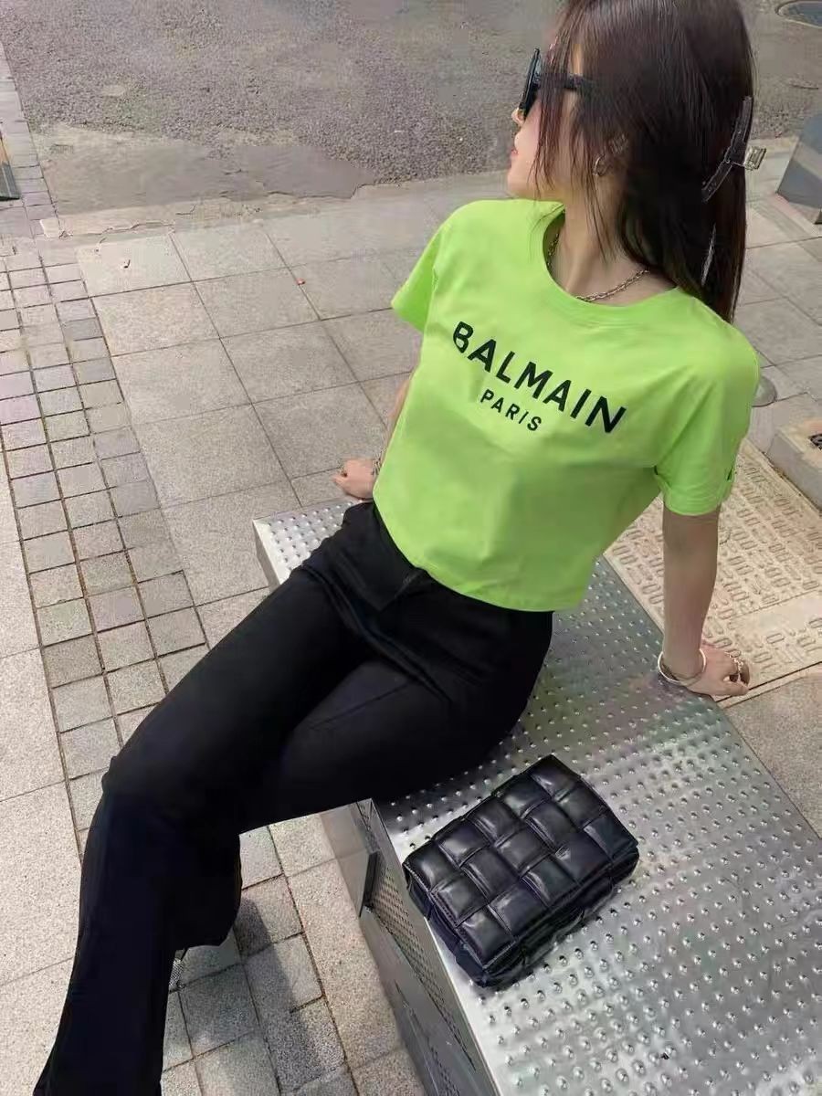 Balmain Mùa Hè 2025 Sản Phẩm Mới Balmain Đổ Xô Chữ Ngắn Cổ Tròn Rời Áo Thun Tay Ngắn Đa Năng Cho Wom