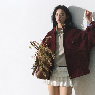 Jamaisvu Encorela Đỏ Áo Khoác Ngắn Nữ Thu Đông Rộng Giáng Sinh Đỏ Chăn Len Top Năm Mới Đỏ Năm Mới