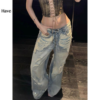  Mỹ Retro Đau Khổ Rách Quần Jean Nữ Thấp Eo Phong Cách Đường Phố Hot Girl Rời Thẳng Drap Quần Rộng 