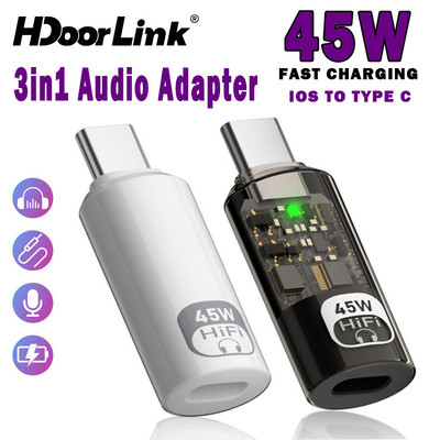 Bộ chuyển đổi tai nghe HdoorLink 3IN1 Type C sang IOS Bộ chuyển đổi sạc nhanh 45W Bộ chuyển đổi USB C cho IOS15 16 Samsung
