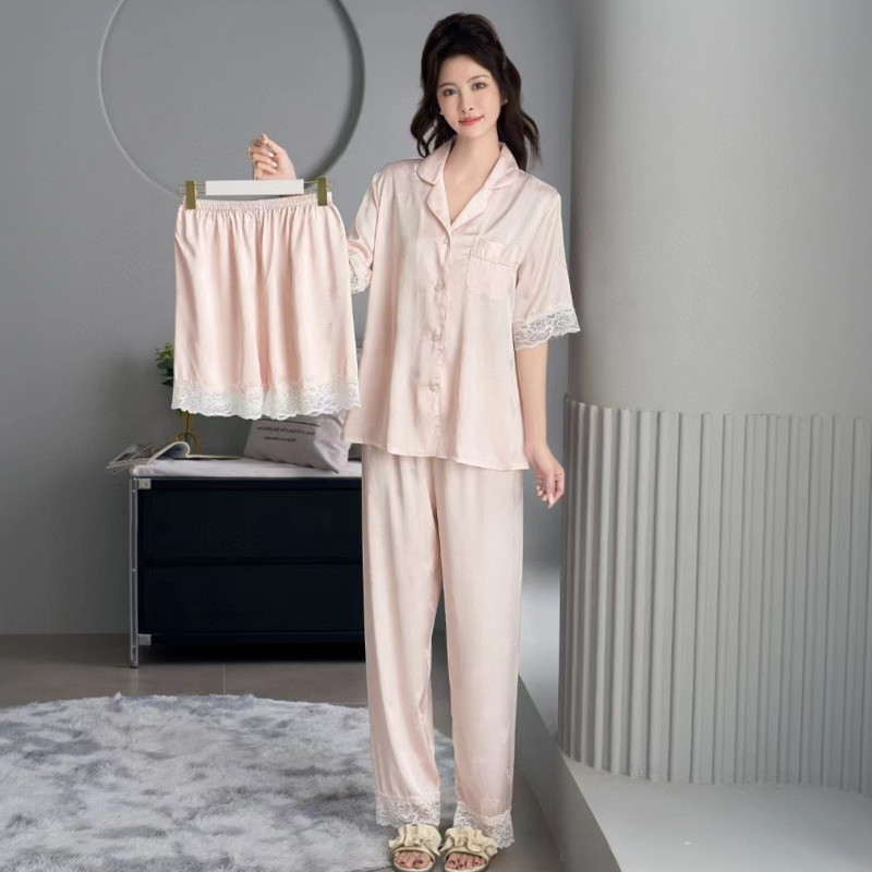 Bộ 3 Bộ Đồ Ngủ Bằng Lụa Băng Bộ Đồ Ngủ Nữ Tay Ngắn Với Chất Lượng Cao Ren Cạnh Đồ Ngủ