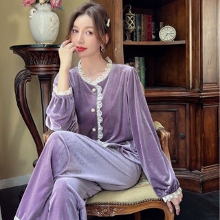  2024 Mới Thu Đông Vàng Nhung Pyjama Bộ Dành Cho Nữ Phong Cách Tòa Án Ren Búp Bê Cổ Giữ Ấm Bộ Đồ Ngủ Cho Áo Ngoài 