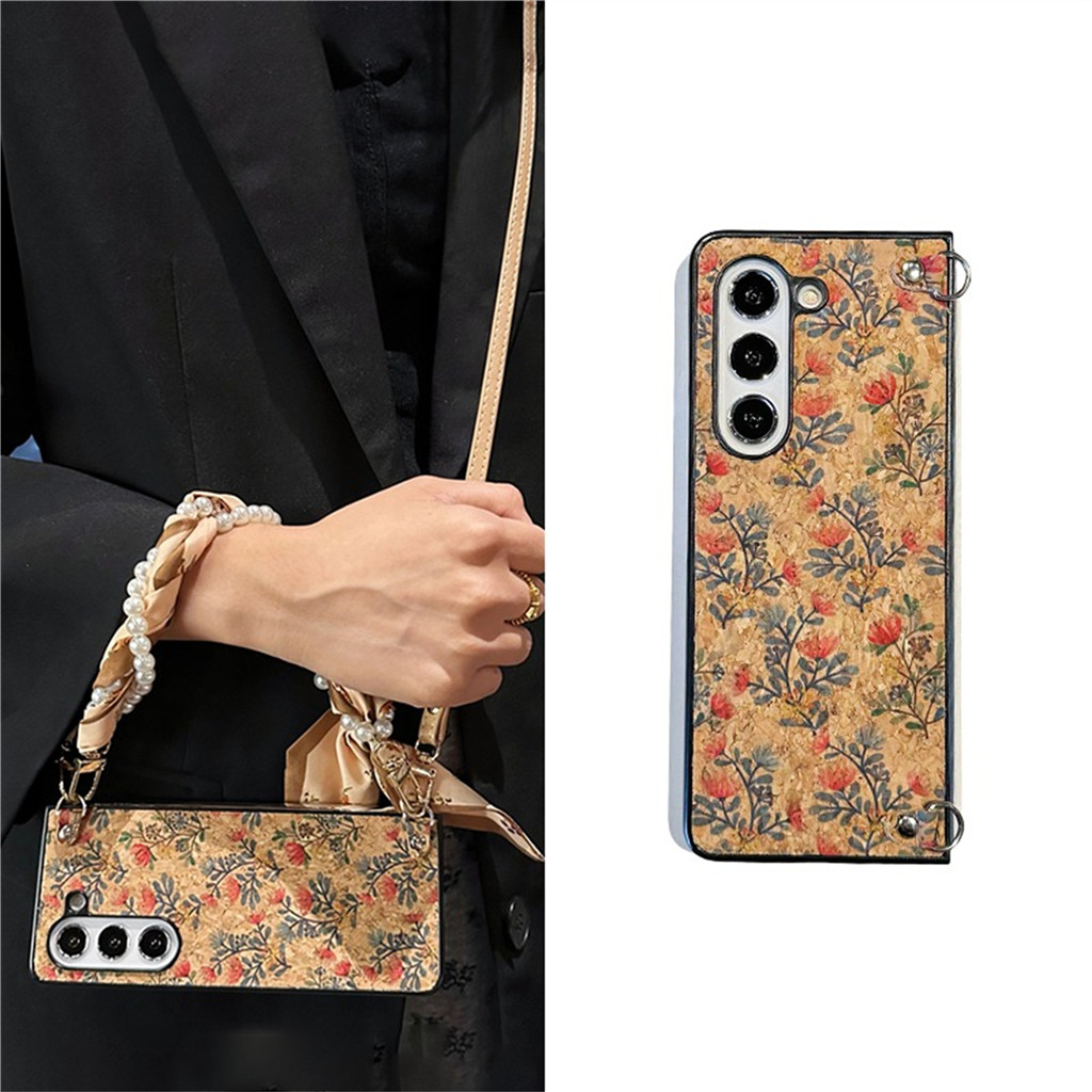 Ốp lưng da dây cho Samsung Galaxy Z Fold7/Z Fold6/Z Fold5/Fold 6/Fold 4, khăn lụa ngọc trai, hoa vòn