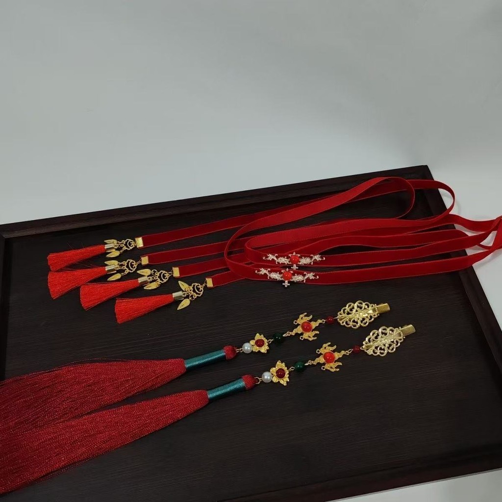 Kẹp tóc tua rua dài hai chiều màu đỏ, phụ kiện cosplay Nezha Hanfu