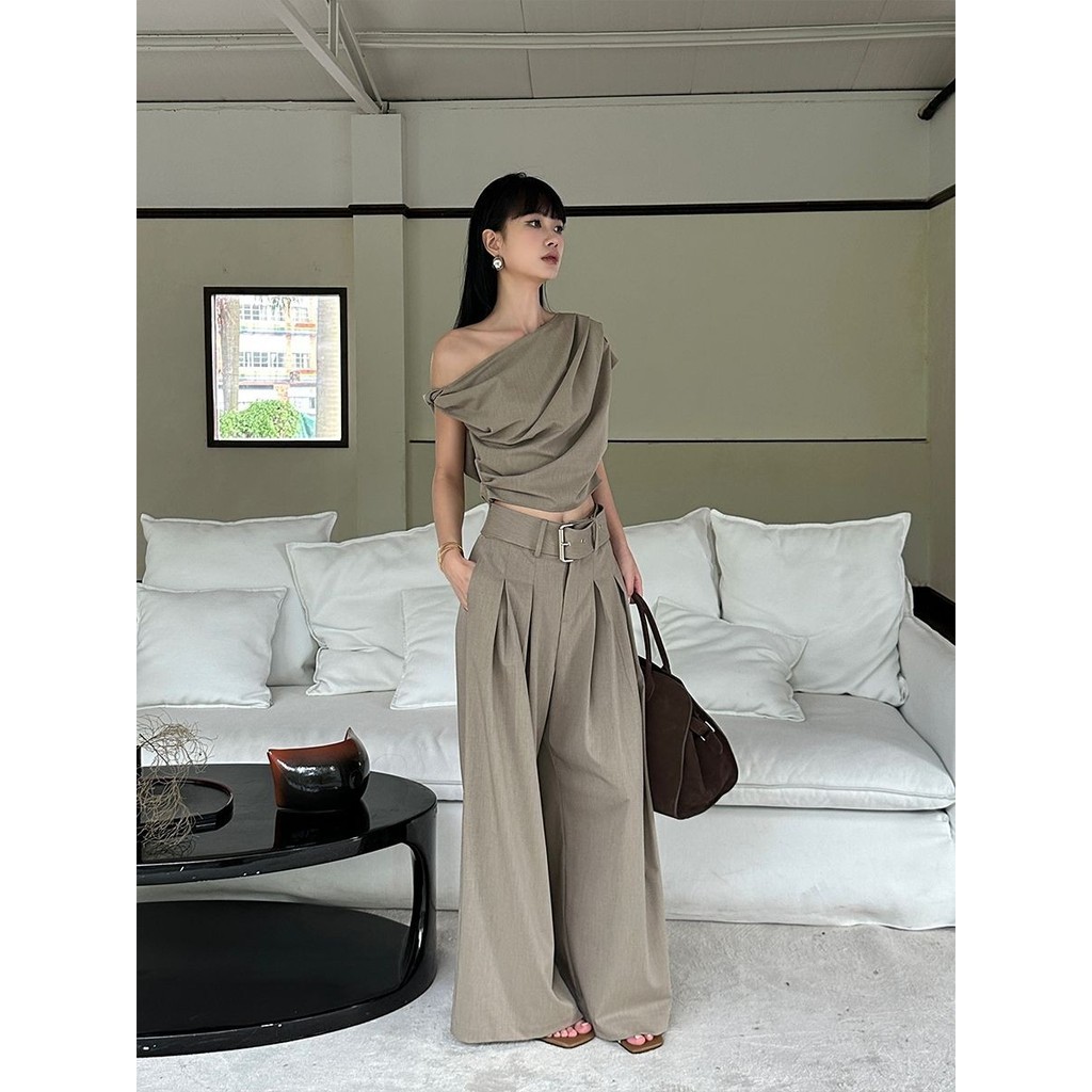 Apricot Ống Không Đều Top Quần Ống Rộng Phù Hợp Với Nữ Thiết Kế Thời Trang Top Bộ Đồ Hai Mảnh