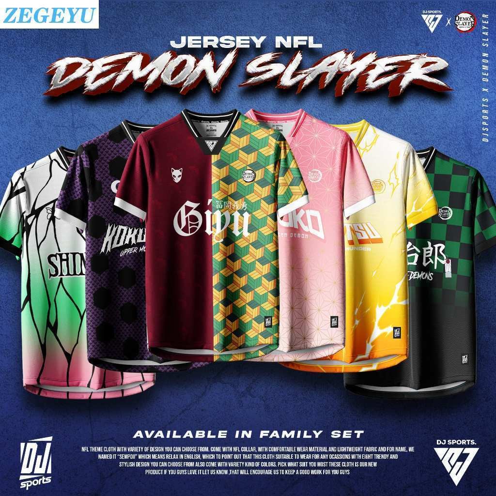 DJ Thể Thao Jersey Demon Slayer Jersey NFL Budak & Dewasa Unisex Jersey Nezuko Zenitsu Shinobu Tanji
