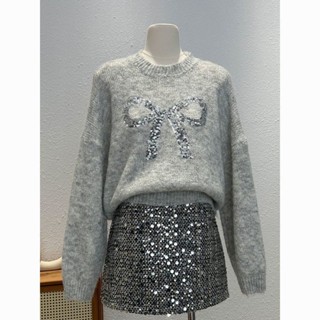 Mùa Thu Đông 2024 Phong Cách Mới Cổ Tròn Đính Kim Sa Lấp Lánh Nơ Áo Len Dệt Kim Top Rời