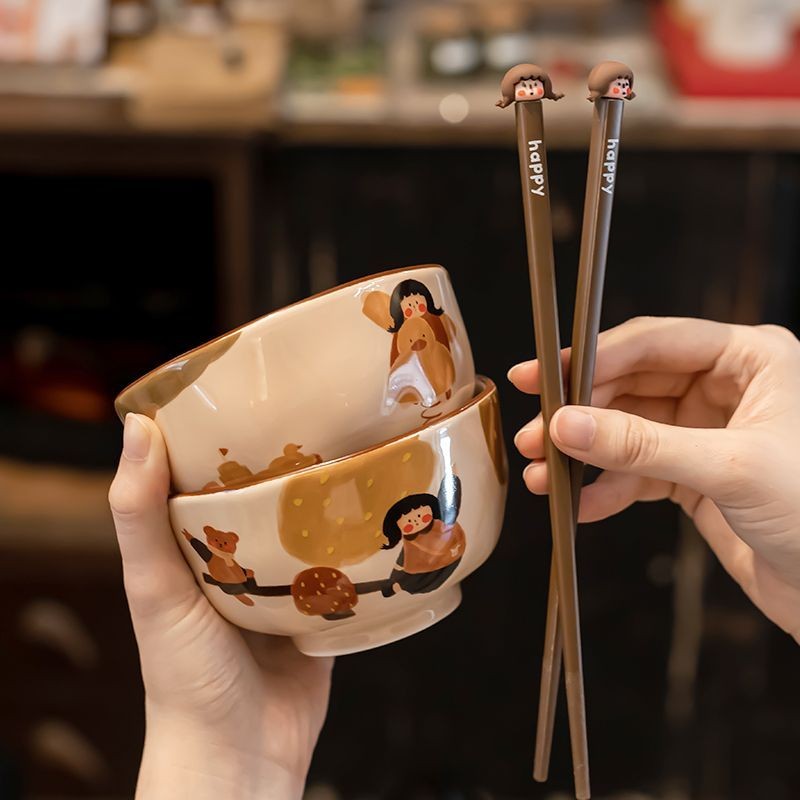 🌞HÀNG CÓ SẴN🌛 Cute Girl's One-person Food Bowl And Dish Set Girl's Home Rice Bowl Chopsticks Rice