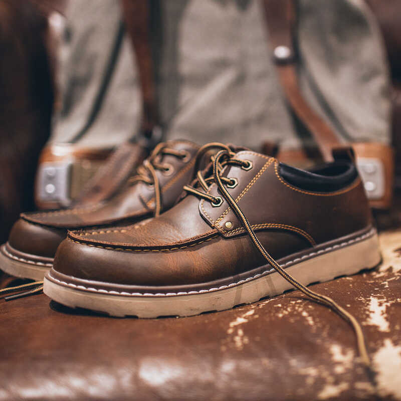 Maden American Summer Workwear Men's Low Out Boots, Big Head Casual Crazy Horse Giày Da