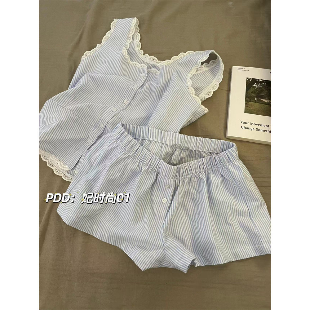 FDS Sọc Áo Bộ Đồ Ngủ Cho Nữ Mùa Hè Ren Cạnh Phong Cách Ngọt Ngào Và Quần Short Bộ