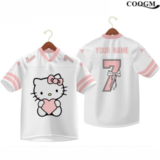 (Tùy chỉnh số tên) Hello Kitty Coquette Quá Khổ Phong Cách Mỹ Miếng Dán Vai Ngắn Sved Jersey Nữ Mùa Hè Áo Thể Thao Cặp Đôi Màu Hồng Áo