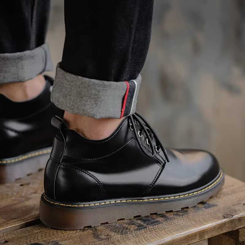 Maden Anh Workwear Men's Low Upper Boots Đen Round Head Lift Giày Da Giản Dị